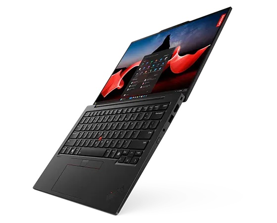 Lenovo ThinkPad X1 Carbon Gen 12 laptop with a sleek black design, 14" 2.8K touchscreen, Intel Core Ultra 7, 32 GB RAM, 1 TB SSD, and Wi-Fi 6E capabilities.