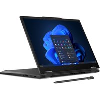 Black Lenovo ThinkPad X13 Gen 5 laptop with 360-degree hinge, stylus pen, and Windows interface on screen.