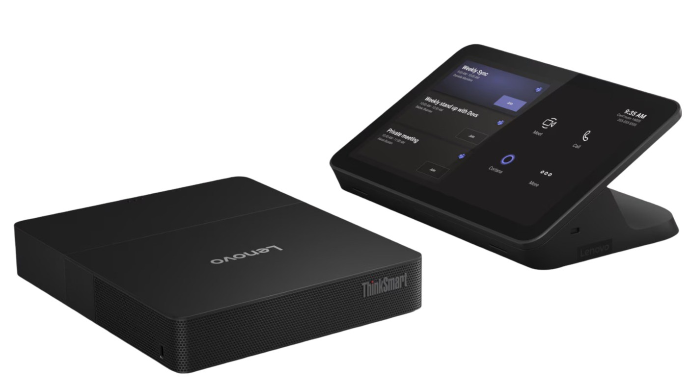 Black Lenovo ThinkSmart Core Gen 2 device with a sleek design, featuring a touchscreen display angled for easy access, designed for Microsoft Teams Rooms video conferencing.