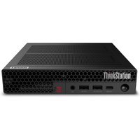 Black Lenovo ThinkStation P3 Tiny Gen 2 with honeycomb vent design, front USB ports, and power button.