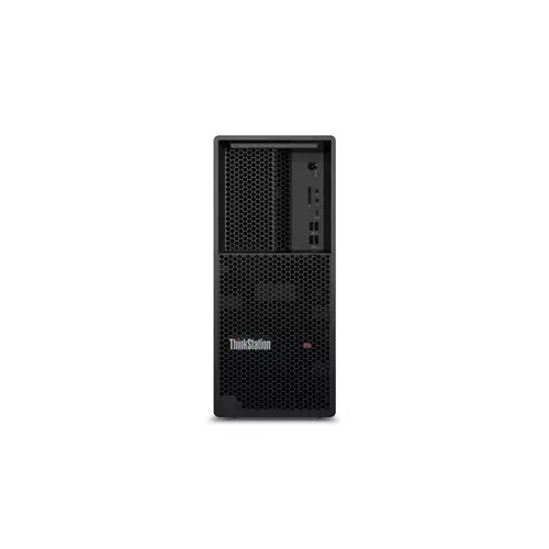 Black Lenovo ThinkStation P3 Tower Gen 2 with a perforated front panel, featuring multiple USB ports and a sleek design, designed for high-performance computing.