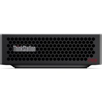 Lenovo ThinkStation PGX Mini, black with honeycomb front grille, compact design, ThinkStation logo on the left.