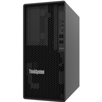 Black Lenovo ThinkSystem ST45 V3 tower server with mesh front panel and multiple USB ports.