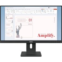 Black Lenovo ThinkVision E24-40 monitor with slim bezels and rectangular stand displaying a presentation slide.