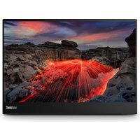 Black Lenovo ThinkVision M14t Gen 2 monitor, 14-inch, slim bezel, displaying vibrant landscape with red and orange hues.