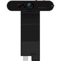 Black Lenovo ThinkVision MC60 webcam with dual lenses, USB 2.0 connector, and sleek rectangular design.