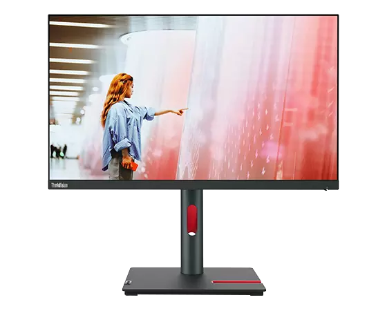 Lenovo ThinkVision P24q-30 monitor features a sleek black design with a 23.8" screen, ultra-thin bezels, and a height-adjustable stand with a red accent.