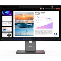 Lenovo ThinkVision P24Q-40 Monitor, 24-inch display, thin bezels, adjustable stand, showing energy report on screen.
