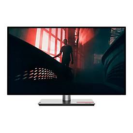27-inch Lenovo ThinkVision P27h-30 monitor with a sleek black bezel, silver stand, and vibrant 2560 x 1440 resolution display showcasing a shadowy figure against a red-lit background.