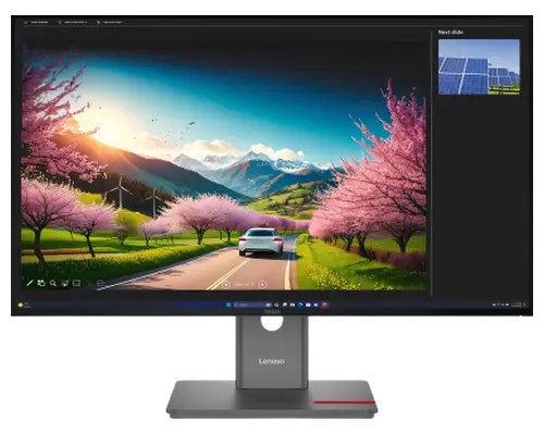 Lenovo ThinkVision P32UD-40 31.5" UHD Thunderbolt Monitor with a sleek black frame, adjustable stand, and vibrant display showcasing a scenic landscape with cherry blossoms.