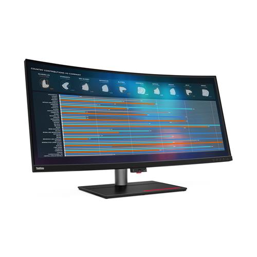 Curved 39.7" Lenovo ThinkVision P40w-20 monitor with a sleek black design, featuring a Thunderbolt docking station and a vibrant WUHD display showcasing colorful data visualizations.