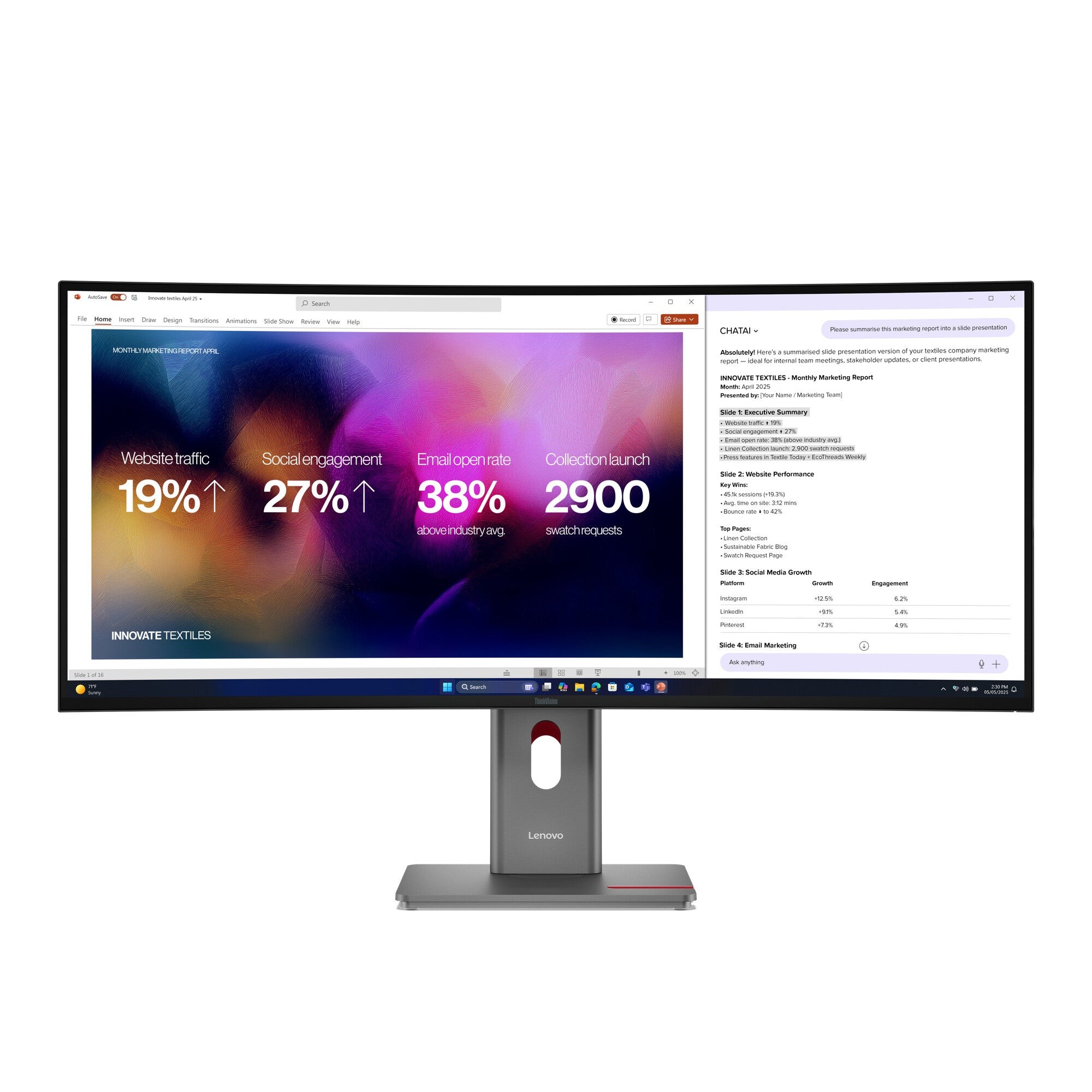 Lenovo ThinkVision P40WD-40 curved monitor features a sleek black design with a 39.7" 21:9 WUHD display, showcasing vibrant colors and multiple windows for multitasking.