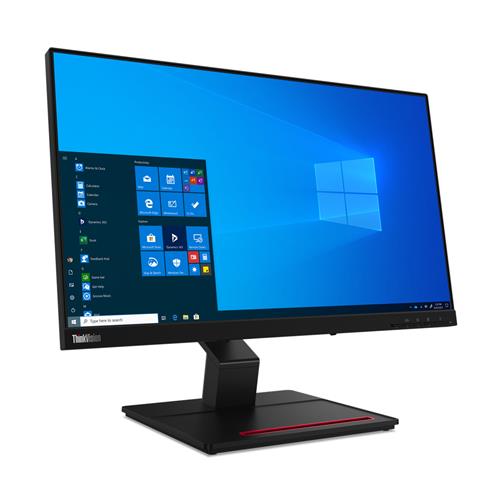 Lenovo ThinkVision T24t-20 monitor features a sleek black design, 23.8-inch Full HD touchscreen with a slim bezel, adjustable stand, and vibrant display showcasing Windows interface.