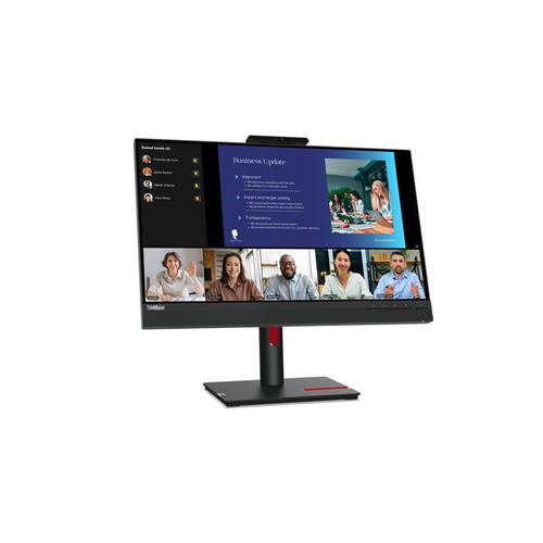 Lenovo ThinkVision T24v-30 monitor features a sleek black design, 23.8-inch FHD display, built-in webcam, and adjustable stand, ideal for video conferencing and professional use.