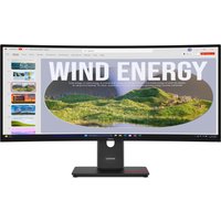 Curved Lenovo ThinkVision T34WD-40 monitor with slim bezels and black stand displaying a landscape image.