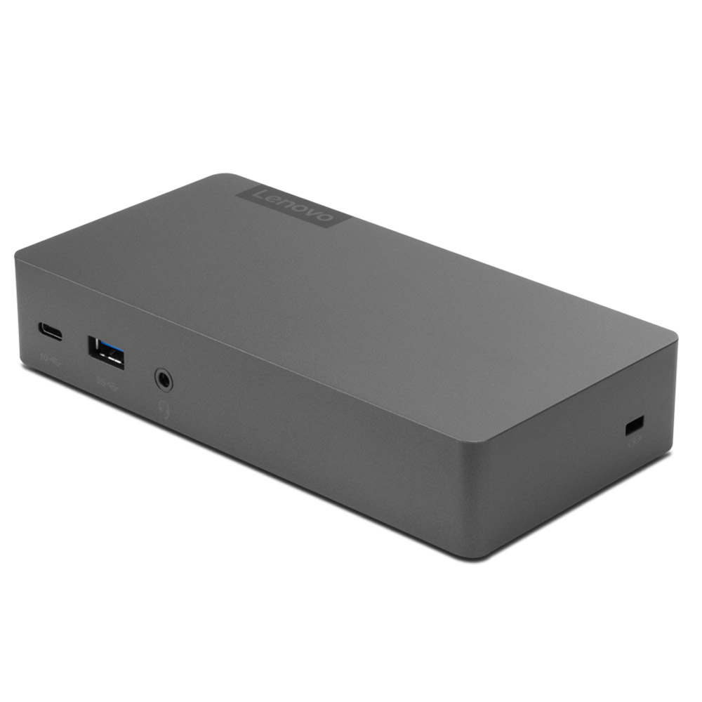 Grey Lenovo Thunderbolt 3 Essential dock featuring multiple ports, including USB-C and USB-A, with a sleek, minimalist design and a matte finish.
