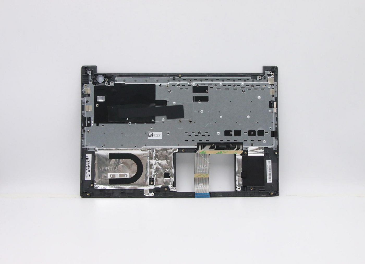 Lenovo Upper CseQ20RWFP_MGR_L_ENG, featuring a metallic gray surface, with cutouts for components, and a sleek, modern design suitable for laptop assembly.