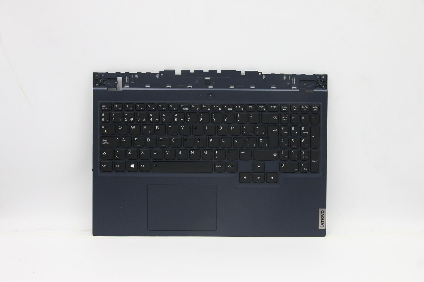 Dark blue Lenovo laptop keyboard with a standard QWERTY layout, featuring a touchpad and function keys, made of durable plastic material.
