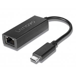 Black Lenovo USB-C to Ethernet adapter with a compact design, featuring a USB-C connector on one end and an Ethernet port on the other, ideal for wired network connections.