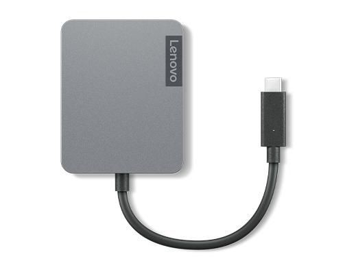 Gray Lenovo US-C Rvel Hu Gen 2 adapter with a sleek, minimalist design, featuring a USB-C connector attached by a flexible black cable.