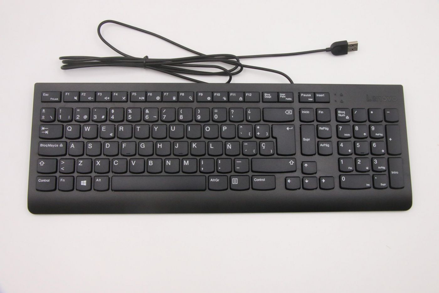 Black Lenovo US Clliope Keyboard Gen2 with a sleek design, featuring a full set of keys, a USB connection, and a textured surface for better grip.