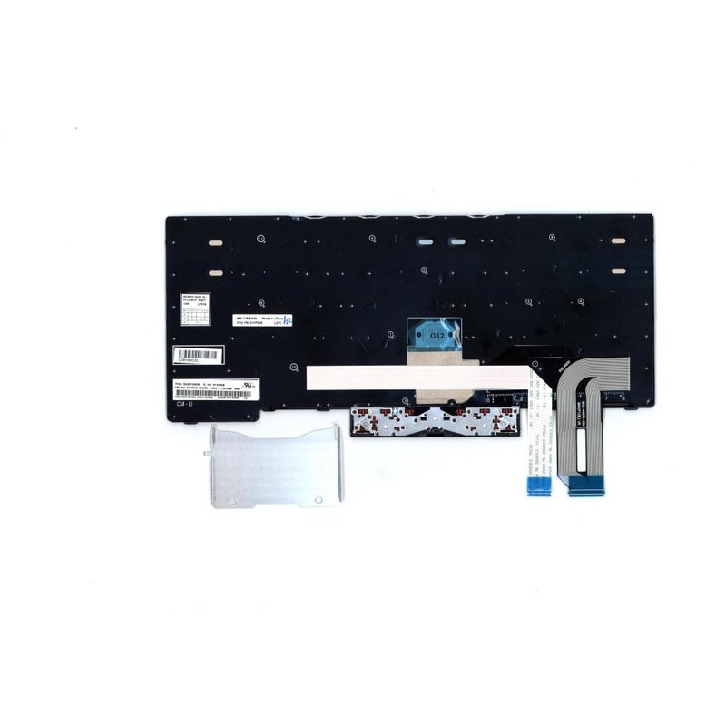 Black Lenovo US English keyboard with a silver metal bracket, featuring a flexible ribbon cable and various labels on the back, designed for laptop integration.