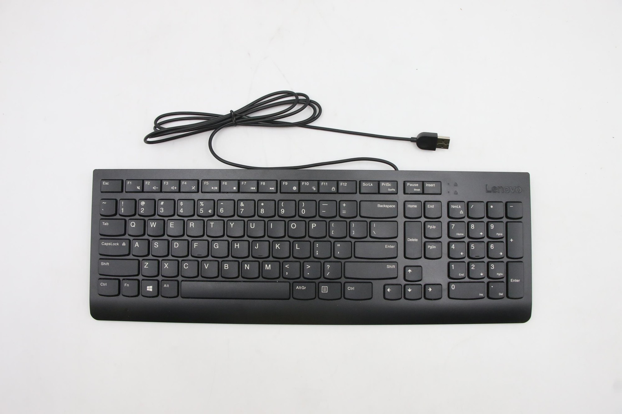 Lenovo USB Calliope Keyboard in black, featuring a universal QWERTY layout, sleek design, and a wired connection with a USB plug.