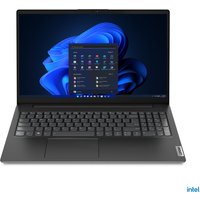 Black Lenovo V15 G4 IAH laptop with 15.6-inch display, Intel Core i5, Windows interface on screen.