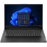 Black Lenovo V15 G4 IRU laptop with 15.6-inch display, backlit keyboard, and Windows interface on screen.