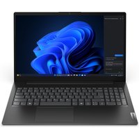 Black Lenovo V15 G5 IRL laptop with 15.6" display, Intel Core i5, backlit keyboard, and Windows 11 interface.
