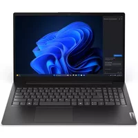 Black Lenovo V15 G5 IRL laptop with 15.6" display, Windows 11 interface, and sleek design.