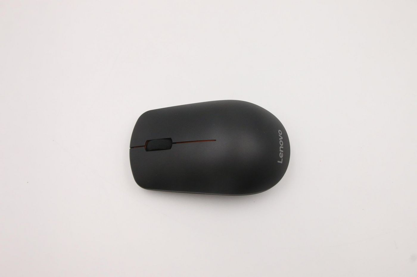 Sleek black Lenovo wireless optical mouse with a smooth matte finish, featuring a central scroll wheel and a single red accent line along the top.