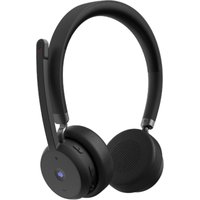 Black Lenovo wireless VoIP headset with cushioned ear pads, adjustable headband, and attached microphone boom.