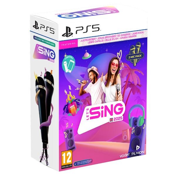 Colorful packaging for "Let's Sing 2025" featuring vibrant graphics, two microphones, PS5 branding, and a promotional note for a free VIP pass.
