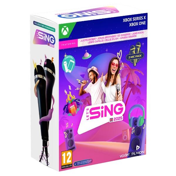 Colorful packaging for "Let's Sing 2025" featuring two microphones, vibrant graphics, and images of singers, designed for Xbox Series X with a free VIP pass offer.