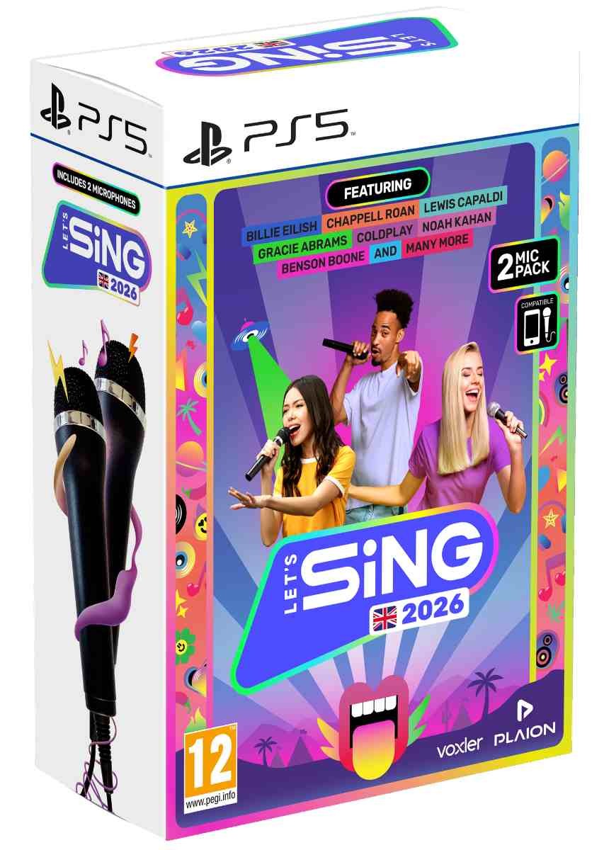 Colorful game box for "Let's Sing 2026" featuring PS5 branding, two microphones, and images of diverse singers; includes artists like Billie Eilish and Lewis Capaldi.
