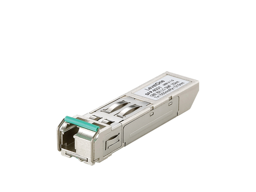 LevelOne 1.25Gbps single-mode BIDI SFP transceiver in silver metal casing, featuring a green latch, designed for 20km transmission at 1550nm wavelength.