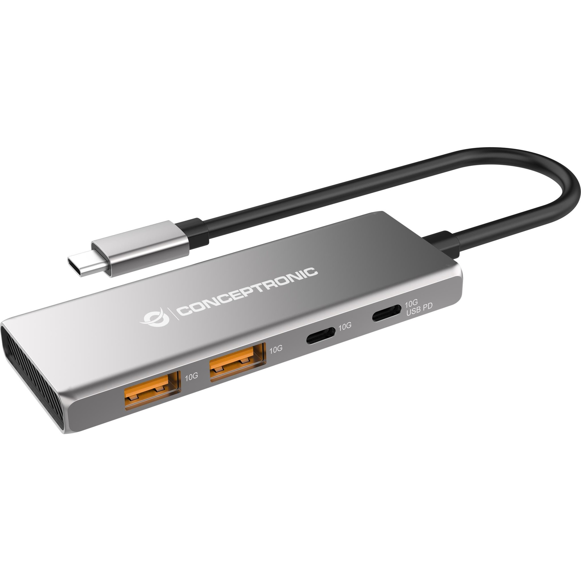 Silver aluminum 4-port USB 3.2 Gen 2 hub with two orange USB-A ports and two USB-C ports, featuring a sleek design and a connected USB-C cable for easy connectivity.