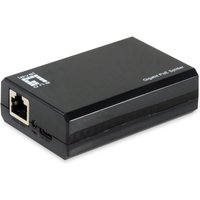 Black LevelOne Gigabit PoE bt to USB-C PD 3.0 Splitter with Ethernet and USB-C ports, compact rectangular design.