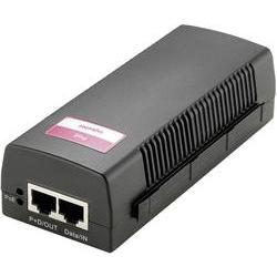 Black Level One Pois 2002 PoE Injector with a ribbed design, featuring two Ethernet ports and a pink label on top, designed for Power over Ethernet applications.