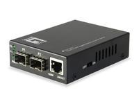 LevelOne RJ45 to SFP Gigabit Media Converter Switch in black metal housing, featuring 2 SFP ports and 1 RJ45 port, with ventilation slots on the side for cooling.