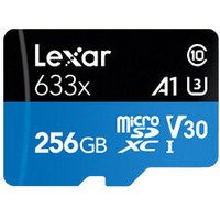 Lexar 633x 256GB MicroSDXC card, black and blue with Class 10, A1, U3, V30 markings.