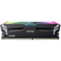 Black Lexar ARES RGB memory module with colorful LED strip, 32 GB DDR5 ECC, sleek design, and Lexar logo.