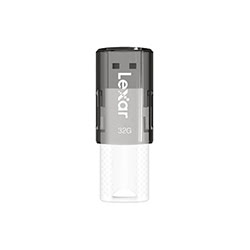 Lexar JumpDrive 32GB S60 USB flash drive featuring a sleek black and transparent design with a cap, showcasing the brand name and storage capacity prominently.