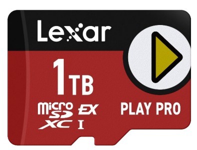 Lexar PLAY PRO MicroSDXC Express Card in red and black, featuring a yellow play button icon, with "1TB" and "microSD EX" printed on it, designed for high performance storage.