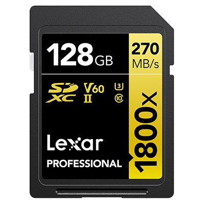 Lexar Professional 1800x SDXC UHS-II card, black and yellow design, features 128GB capacity, 270 MB/s speed, and V60 UHS speed class label.