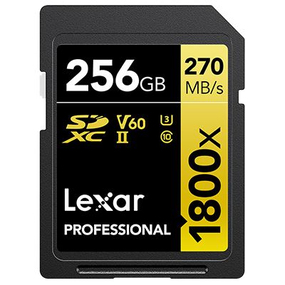 Lexar Professional 1800x SDXC UHS-II card in black and yellow, featuring 256GB capacity, V60 speed class, and a maximum read speed of 270 MB/s.