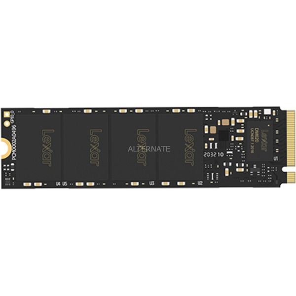 Lexar NM620 M.2 2280 NVMe SSD in black with gold accents, featuring a sleek design and labeled storage capacity of 1TB for high-speed data transfer.