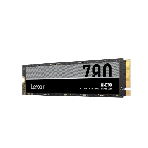 Lexar NM790 2TB NVMe PCIe 4.0 M.2 SSD featuring a sleek black and silver design with a gold connector, labeled with "NM790" and specifications on the surface.