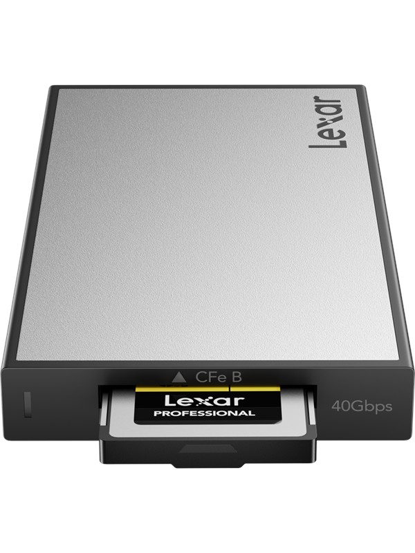 Lexar WF 740 Card Reader in grey and black, featuring a sleek metallic finish, a slot for a CFe B card, and a label indicating 40Gbps speed.